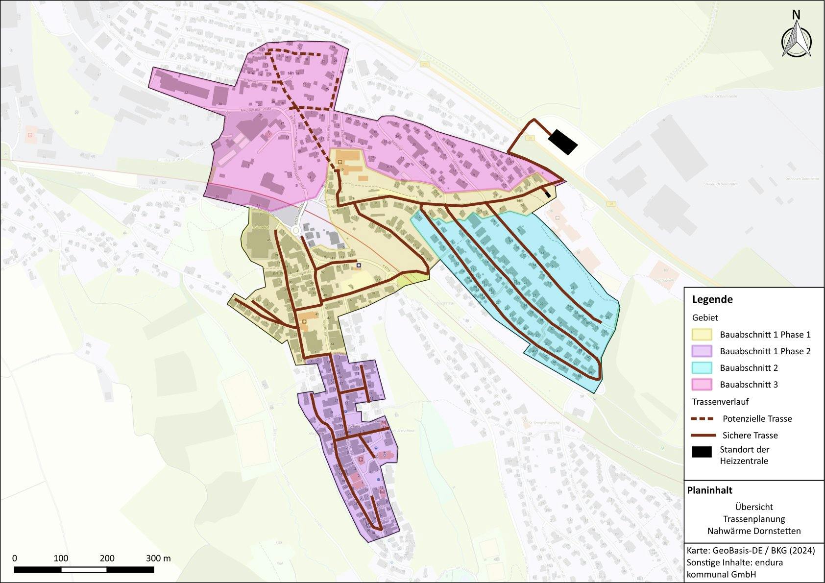 Trassenplan Nahwärme mit Bauabschnitten, Stand Dezember 2024